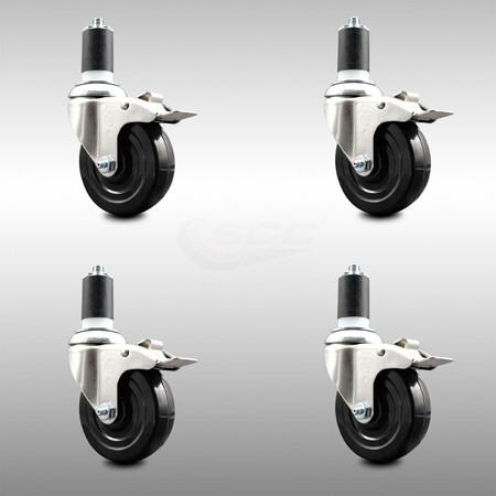 Service Caster 4 Inch 316SS Soft Rubber Swivel 1-1/2 Inch Expanding Stem Caster Set Lock Brake SCC-SS316TTLEX20S414-SRS-112-4